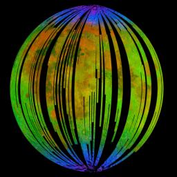 This image of the moon is from NASA's Moon Mineralogy Mapper on the Indian Space Research Organization's Chandrayaan-1 mission. It is a three-color composite of reflected near-infrared radiation from the sun.