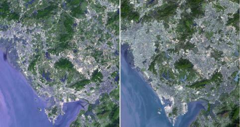 Shenzhen is a city of sub-provincial administrative status in southern China's Guangdong province, immediately north of Hong Kong, and located in the Pearl River Delta. This image was acquired by NASA's Terra spacecraft.