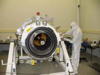 The science instrument on NASA's Wide-field Infrared Survey Explorer is shown here with its aperture cover removed, during assembly at the Space Dynamics Laboratory in Logan, Utah.