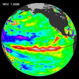 Sea-level height data from the NASA/European Ocean Surface Topography Mission/Jason-2 oceanography satellite show the equatorial Pacific has triggered a wave of warm water, known as a Kelvin wave.