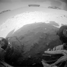 NASA's Mars Exploration Rover Spirit recorded this fisheye view after completing a drive during on Mars on Feb. 8, 2010. The drive left Spirit in the position where the rover will stay parked during the upcoming Mars southern-hemisphere winter.