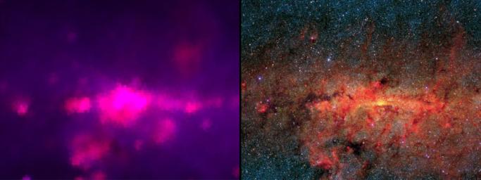 The image on the left shows an infrared view of the center of our Milky Way galaxy as seen by the 1983 Infrared Astronomical Satellite, which surveyed the whole sky with only 62 pixels. The image on the right shows an infrared view similar to what NASA's