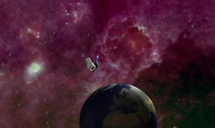 This artist's conception shows NASA's Wide-field Infrared Survey Explorer mapping the whole sky in infrared. The mission will unveil hundreds of thousands of asteroids, and hundreds of millions of stars and galaxies.