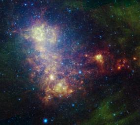 This infrared portrait of the Small Magellanic Cloud, taken by NASA's Spitzer Space Telescope, reveals the stars and dust in this galaxy as never seen before. This nearby satellite galaxy to our Milky Way galaxy is some 200,000 light-years away.