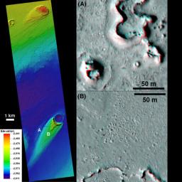 This combination of images, taken by NASA's Mars Reconnaissance Orbiter, helped researchers analyze the youngest flood lava on Mars, which is in Athabasca Valles, in the Elysium Planitia region of equatorial Mars.