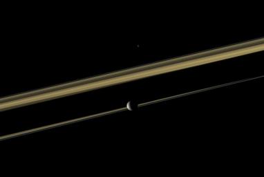 Two of Saturn's moons straddle the planet's rings in this color view from NASA's Cassini spacecraft. Mimas is closest to NASA's Cassini spacecraft here. Epimetheus is on the far side of the rings. Saturn's shadow cuts across the middle of the rings.