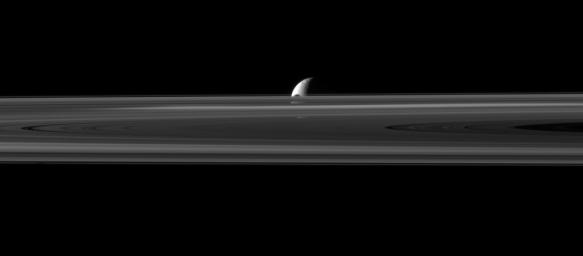 The small moon Janus is almost hidden between the planet's rings and the larger moon Rhea in this image captured by NASA's Cassini spacecraft. The northern part of Janus can be seen peeking above the rings.