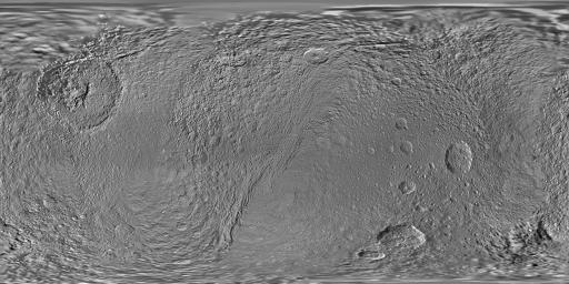 This global map of Saturn's moon Tethys was created using images taken during NASA's Cassini spacecraft's flybys.