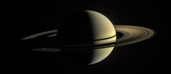 This image from NASA's Cassini spacecraft shows its view from orbit around Saturn on Jan. 2, 2010. The rings on the night side of the planet have been brightened significantly to more clearly reveal their features.