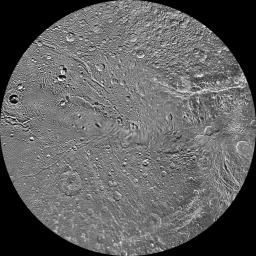 The northern hemisphere of Saturn's moon Dione is seen in this polar stereographic maps, mosaicked from the best-available clear-filter images from NASA's Cassini and Voyager missions.