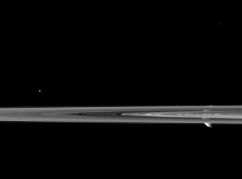 Saturn's second largest moon Rhea pops in and out of view behind the planet's rings in this image from NASA's Cassini spacecraft, which includes the smaller moon Epimetheus.