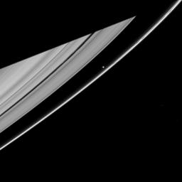 Saturn's moon Prometheus casts a narrow shadow on the rings near the much larger shadow cast by the planet in this image taken by NASA's Cassini spacecraft about five months after Saturn's August 2009 equinox.
