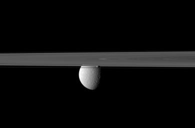 Saturn's rings and small moon Prometheus obscure NASA's Cassini spacecraft's view of the planet's second largest moon, Rhea. Prometheus can be seen just below the center of the image, in front of Rhea.