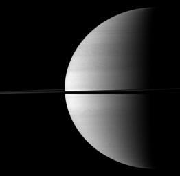 Roughly a quarter of majestic Saturn is illuminated in this view captured while NASA's Cassini spacecraft was orbiting near the planet's equatorial plane.