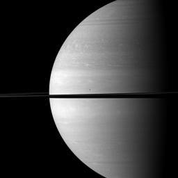 The moons Mimas and Janus seem insignificant in front of the immensity of Saturn in this NASA Cassini spacecraft image. Mimas is visible above the rings near the center; Janus is barely detectable as a tiny speck of light below the rings on the left.