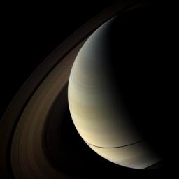 The shadows of Saturn's rings cast onto the planet appear as a thin band at the equator in this image taken by NASA's Cassini spacecraft as the planet approached its August 2009 equinox.