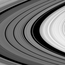 NASA's Cassini spacecraft looks between Saturn's A and B rings to spy structure in the Cassini Division. The Cassini Division, occupying the middle and left of the image, contains five dim bands of ring material, but not all of the division is shown here.