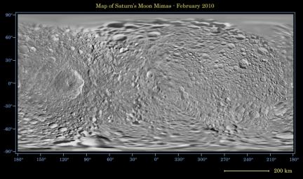 This global map of Saturn's moon Mimas was created using images taken during NASA's Cassini spacecraft flybys, with NASA's Voyager images filling in the gaps in Cassini's coverage.