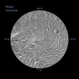 The northern hemisphere of Saturn's moon Mimas is seen in these polar stereographic maps, mosaicked from the best-available NASA's Cassini and Voyager images.