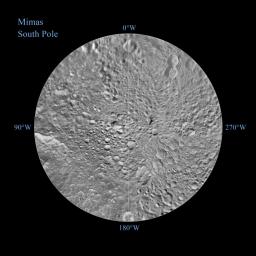 The southern hemisphere of Saturn's moon Mimas is seen in these polar stereographic maps, mosaicked from the best-available NASA's Cassini and Voyager images.