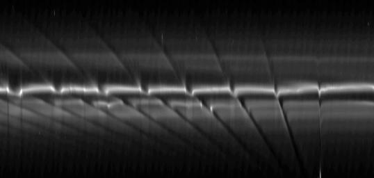 This mosaic of images from NASA's Cassini spacecraft depicts fan-like structures in Saturn's tenuous F ring. Bright features are also visible near the core of the ring. Such features suggest the existence of additional objects in the F ring.