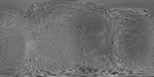 This global digital map of Saturn's moon Rhea was created using data obtained by NASA's Cassini and Voyager spacecraft.