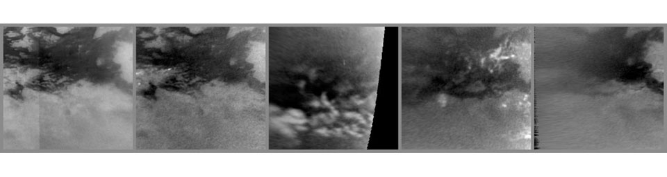 This series of images from NASA's Cassini spacecraft shows changes on the surface of Saturn's moon Titan, as the transition to northern spring brings methane rains to the moon's equatorial latitudes.