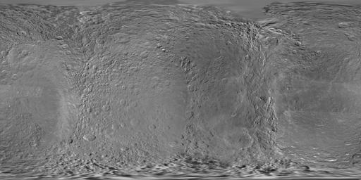 This global digital map of Rhea was created using data taken during NASA's Cassini and Voyager spacecraft flybys. This map contains data from Cassini's Jan. 11, 2011, flyby of Rhea. Six Voyager images fill gaps in Cassini's coverage of the north pole.