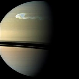 NASA's Cassini spacecraft captures a composite near-true-color view of the largest and most intense storm observed on Saturn. The storm is seen churning through the atmosphere in Saturn's northern hemisphere.