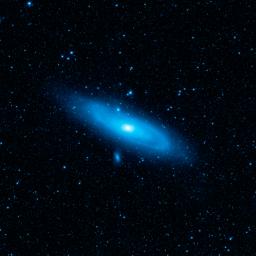 This image from NASA's Wide-field Infrared Survey Explorer highlights the Andromeda galaxy's older stellar population in blue. A pronounced warp in the disk of the galaxy, the aftermath of a collision with another galaxy, can be seen in the spiral arm.