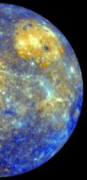This spectacular color mosaic shows the eastern limb of Mercury as seen by NASA's MESSENGER as the spacecraft departed the planet following the mission's first Mercury flyby in January 2008.