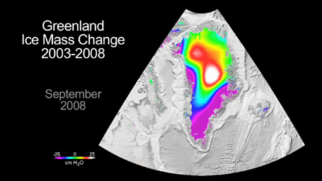 NASA's GRACE mission has become a key source of knowledge about global ice mass changes. Studies of Greenland using GRACE and other data indicate that between 2000 and 2008 the Greenland ice sheet lost as much as 1,500 gigatons of mass.