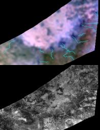 Two different instruments on NASA's Cassini spacecraft combined their observations to create a more detailed portrait of the Hotei Regio area on Saturn's moon Titan. Blue lines on top show the location of channels that stand out in the bottom of image.