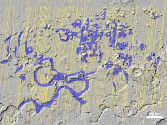NASA's Mars Reconnaissance Orbiter has detected widespread deposits of glacial ice in the mid-latitudes of Mars. This map of a region known as Deuteronilus Mensae, in the northern hemisphere, shows locations of the detected ice deposits in blue.