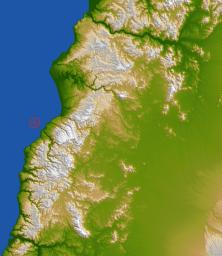 This color-coded shaded relief view from NASA's Shuttle Radar Topography Mission of coastal Chile indicates the epicenter (red marker) of the 8.8 earthquake on Feb. 27, 2010, just offshore of the Maule region in the Bahia de Chanco.