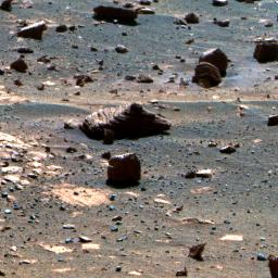 This image is the result of the first observation of a target selected autonomously by NASA's Opportunity using newly developed and uploaded software called AEGIS. The false color makes some differences between materials easier to see.