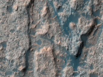 This image from NASA's Mars Reconnaissance Orbiter shows a portion of the floor in Palos Crater on equatorial Mars. The floor appears bumpy with high-standing layered knobs; most of its terrain is weathering into meter-size (yard-size) polygonal blocks.