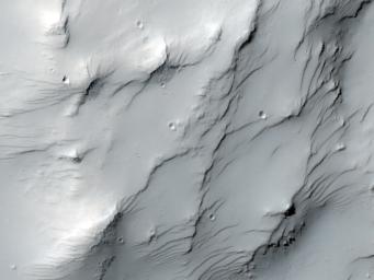 This image captured by NASA's Mars Reconnaissance Orbiter covers some high-standing topography just outside the rim of an impact crater about 30 kilometers (19 miles) in diameter near a Martian hill named Zephyria Tholus.