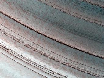 The Martian north polar layered deposits are an ice sheet much like the Greenland ice sheet on the Earth in this image from NASA's Mars Reconnaissance Orbiter. This Martian ice sheet contains many layers that record variations in the Martian climate.