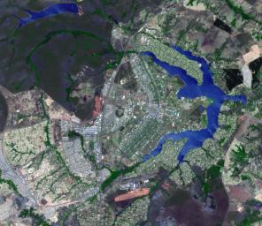This image from NASA's Terra spacecraft shows the planned city of Brasilia, the capital of Brazil, with a population of about 3.6 million for its metropolitan area.