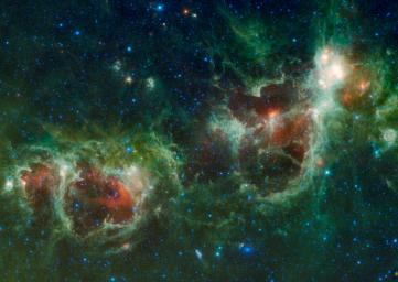 NASA's Wide-field Infrared Survey Explorer has captured a huge mosaic of two bubbling clouds in space, known as the Heart and Soul nebulae.