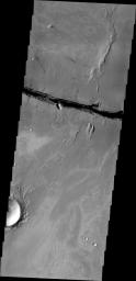 This image captured by NASA's 2001 Mars Odyssey shows a small portion of the large fracture called Cerberus Fossae.
