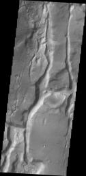 This image from NASA's 2001 Mars Odyssey highlights the fractured region of a portion of Cydonai Mensae.