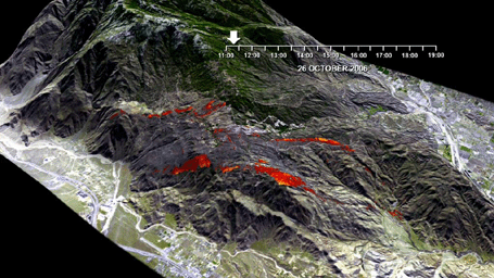 This frame is from a visualization of the rapid advance of the Esperanza Fire over the San Jacinto Mountains (Riverside County, CA) between 11:00 AM and 7:00 PM on October 26, 2006.