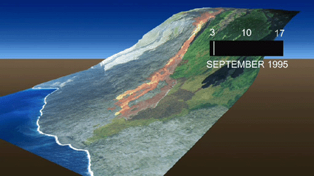 This frame from an animation, which depicts the growth of the Kamoamoa Flow Field, Kilauea Volcano, Hawaii, was generated from a sequence of ten multispectral images acquired between September 3 and 17, 1995.