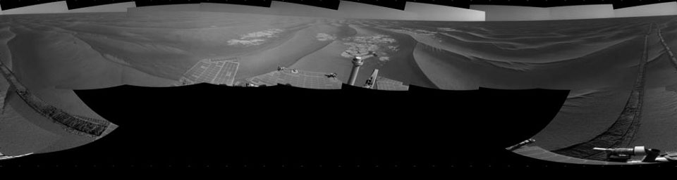 NASA's rover Opportunity used its navigation camera to take the images combined into this full 360-degree view of the rover's surroundings after a drive on the 2,220th Martian day, or sol, of Opportunity's mission on Mars (April 22, 2010).