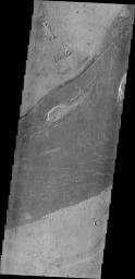 Marte Vallis is a lava channel. The image from NASA's 2001 Mars Odyssey shows the darker lava of Marte Vallis within the brighter surrounding materials. Platy flow texture is common in Marte Vallis.