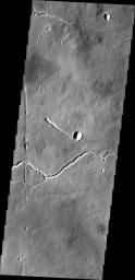 Ituxi Vallis is a lava channel located on the eastern side of Elysium Mons in this image captured by NASA's 2001 Mars Odyssey.