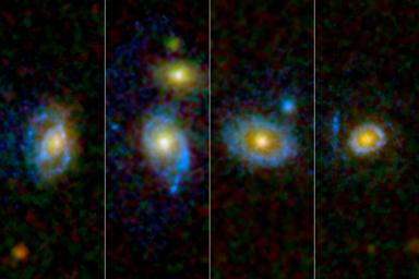 Astronomers have found unexpected rings and arcs of ultraviolet light around a selection of galaxies, four of which are shown here as viewed by NASA's and the European Space Agency's Hubble Space Telescope.