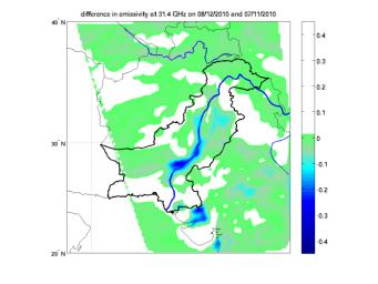 This image from NASA's Aqua spacecraft shows how surface emissivity -- how efficiently Earth's surface radiates heat -- changed in several regions of Pakistan over a 32-day period between July 11 (pre-flood) and August 12 (post-flood).